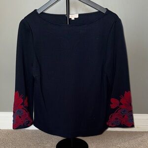 Women's Navy Sweater with Red Floral Accents